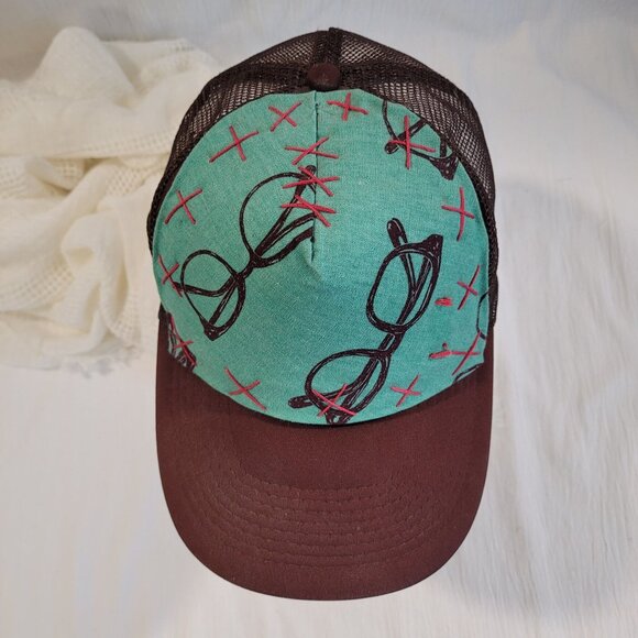 Vintage Otto Trucker Hat With Fun Glasses Print One Size Brown & Teal - Picture 2 of 7
